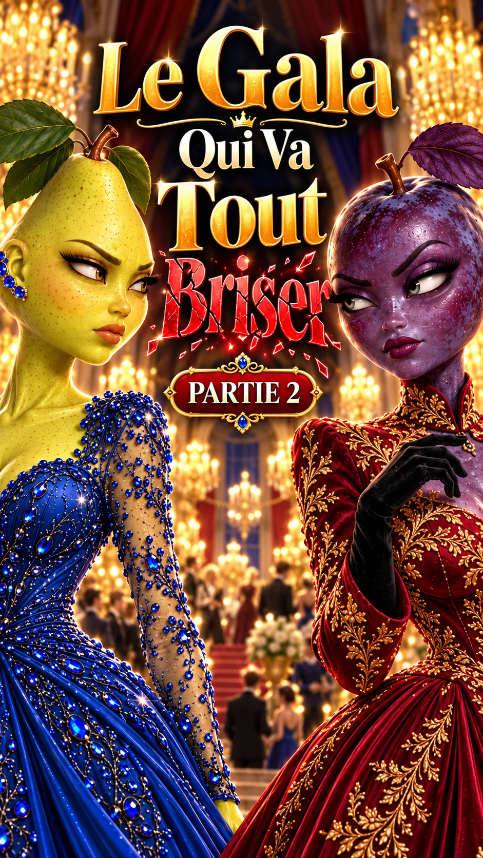Miniature TikTok : Le Gala qui va tout briser — Partie 2, avec deux personnages fruits en robes de gala.