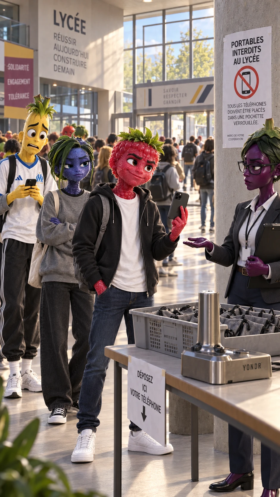 Des élèves fruits déposent leur téléphone à l’entrée du lycée.