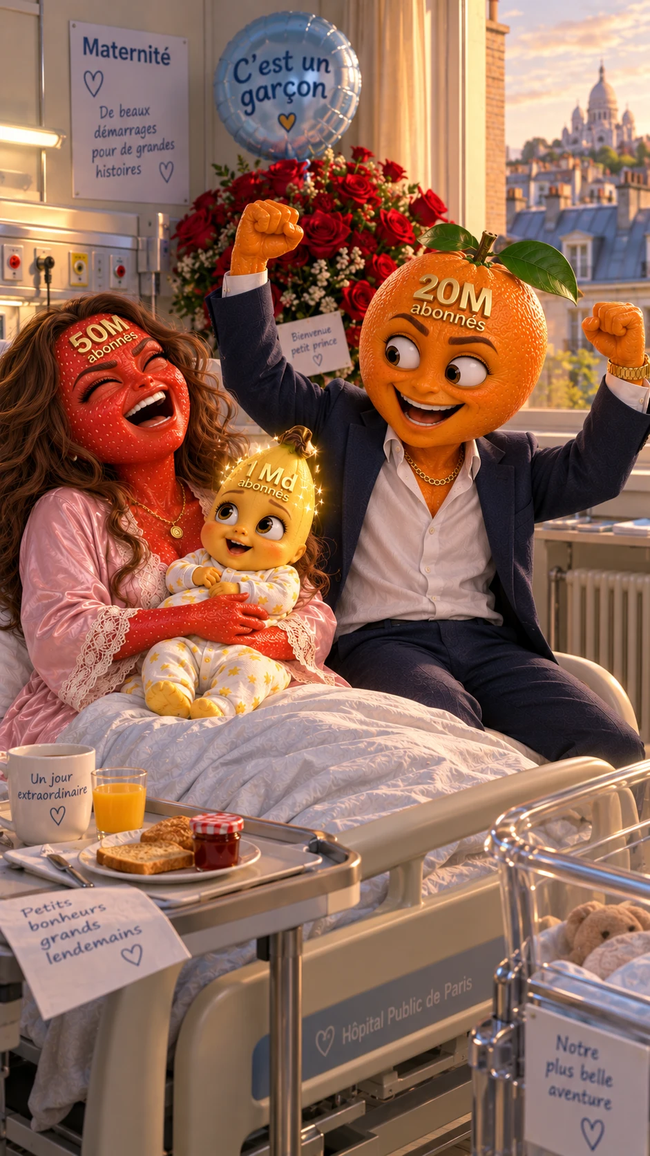 Une fraise et une orange célèbrent la naissance de leur bébé à la maternité.