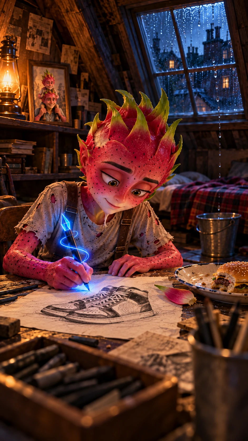 Un jeune pitaya dessine des baskets dans sa mansarde.